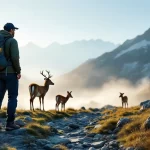 Un randonneur observe silencieusement une famille de cerfs dans une prairie alpine embrumée au lever du jour.