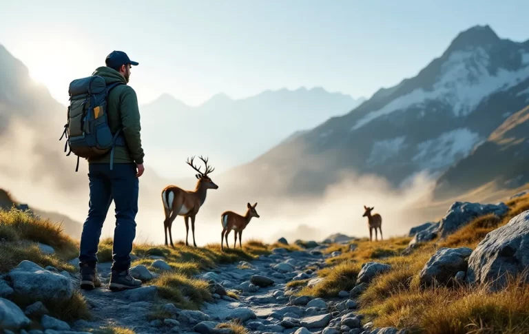 Un randonneur observe silencieusement une famille de cerfs dans une prairie alpine embrumée au lever du jour.