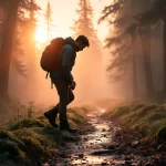 Un randonneur attache ses chaussures près d’un sentier forestier au lever du soleil, enveloppé d’une légère brume.