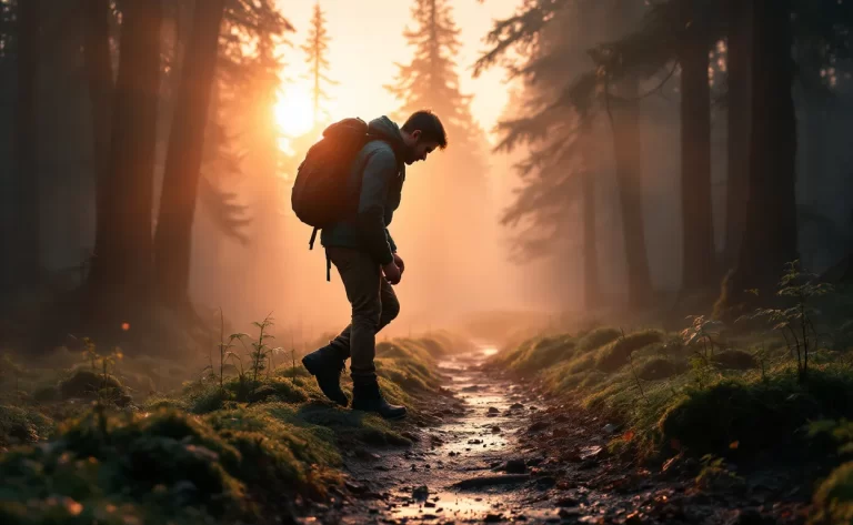 Un randonneur attache ses chaussures près d’un sentier forestier au lever du soleil, enveloppé d’une légère brume.
