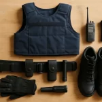Équipement de policier étalé sur une table : gilet de protection, ceinture de service, radio, lampe et chaussures d'intervention