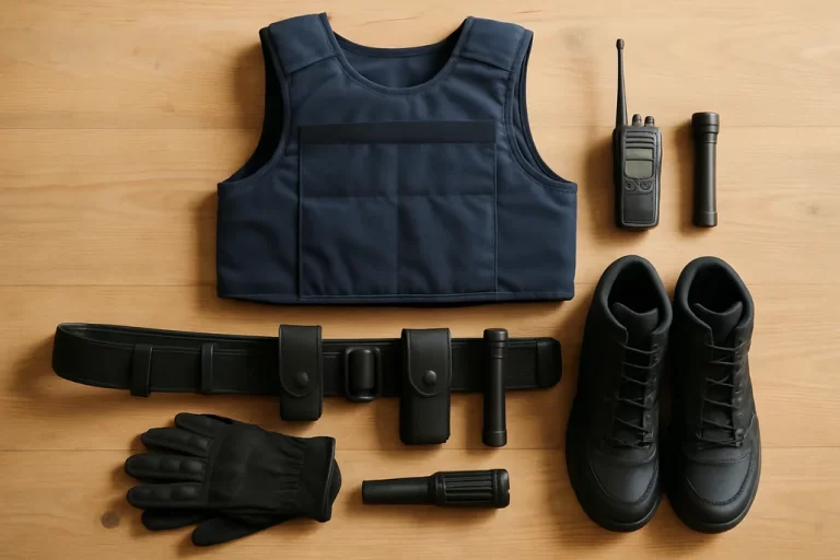 Équipement de policier étalé sur une table : gilet de protection, ceinture de service, radio, lampe et chaussures d'intervention