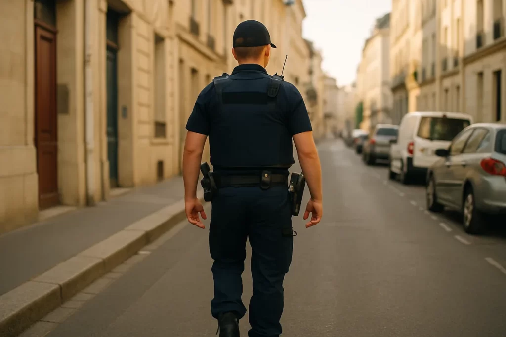 Agent de police vu de dos en patrouille à pied, avec gilet de protection, ceinture de service et radio à l'épaule